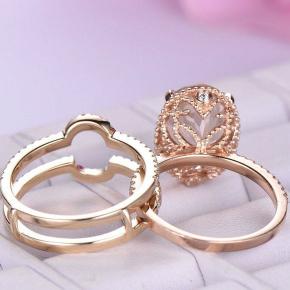 2PC  Luxury Rose Gold Filled Oval Cut Citrine Ring - Picture 5 of 5
